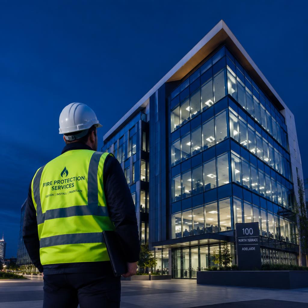 Fire protection engineer inspecting a commercial building at dusk